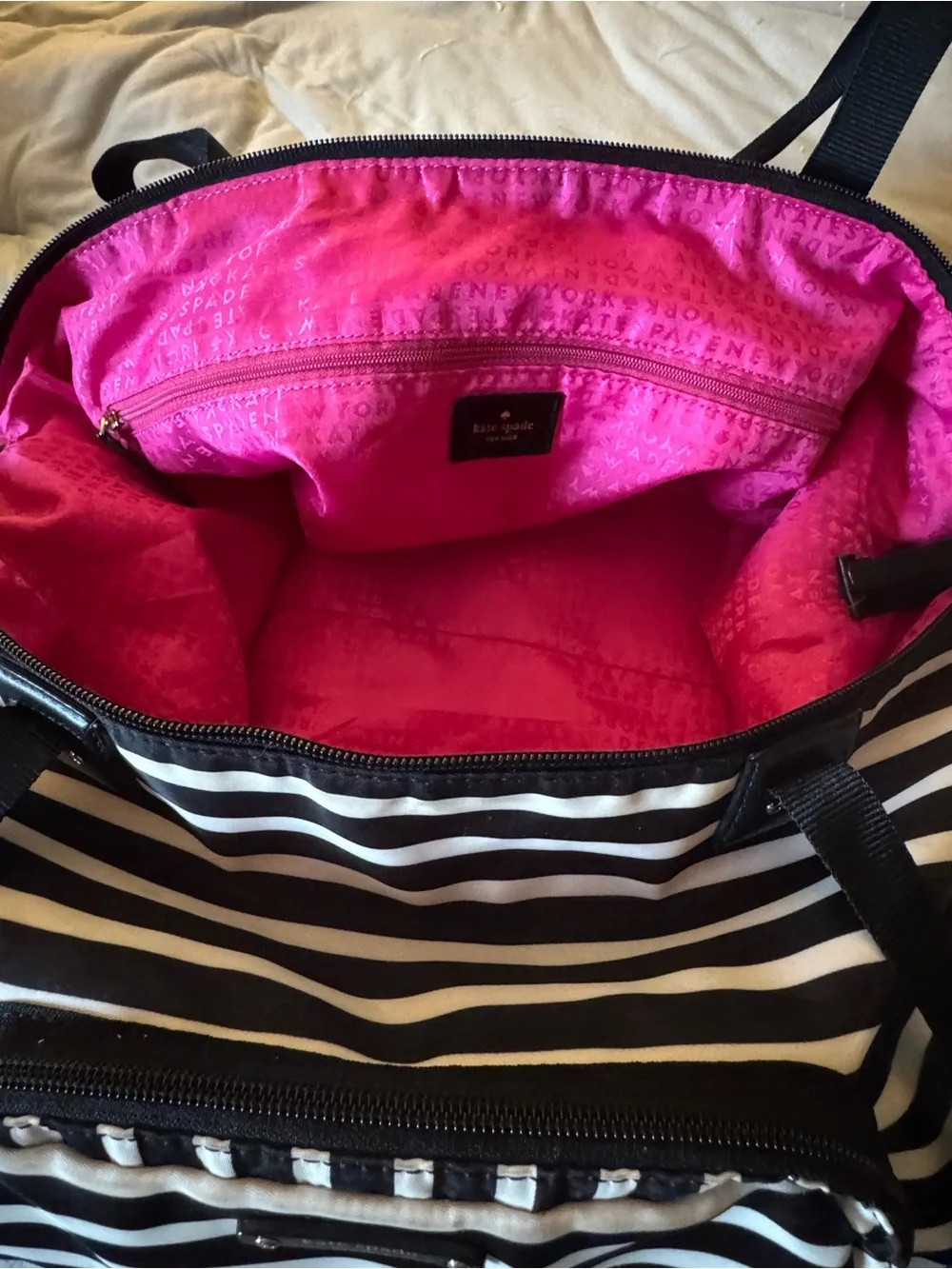 kate spade Watson Lane Lyla Black & White Stripes Nylon Packable Weekender Bag